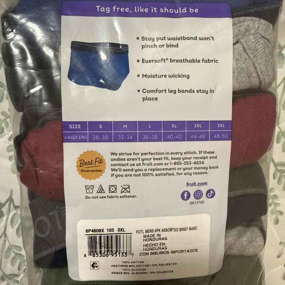 Fruit Of The Loom Mens Briefs Cotton 6 Pack Size 2XL (44-46 in.)